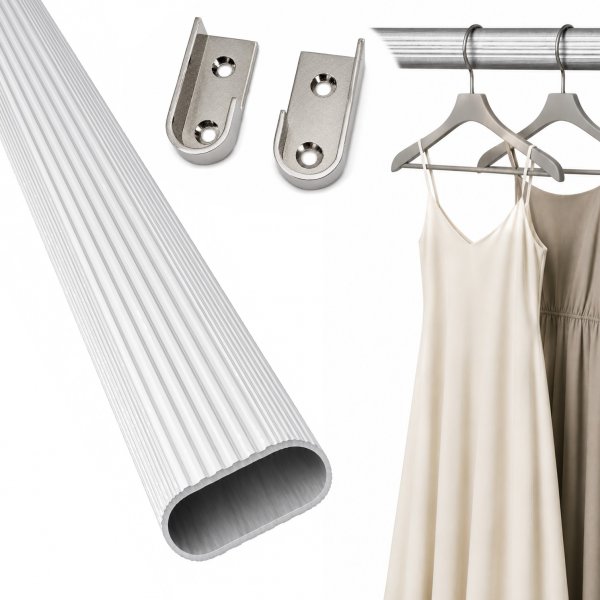 HOOZ&reg; Kleiderstange 60 cm Oval Aluminium [SCHRANK- &amp; WANDMONTAGE] inkl. Halter Schrankrohr Schrankstange Garderobenstange Silber