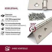 HOOZ M&ouml;belscharniere Edelstahl 87x55mm 40er Set [GEROLLTE SCHARNIERE KLAPPBAR] inkl. Schrauben T&uuml;rband Flachscharnier 315&deg; Schrankt&uuml;ren M&ouml;bel Klappen
