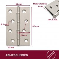HOOZ M&ouml;belscharniere Edelstahl 87x55mm 4er Set [GEROLLTE SCHARNIERE KLAPPBAR] inkl. Schrauben T&uuml;rband Flachscharnier 315&deg; Schrankt&uuml;ren M&ouml;bel Klappen