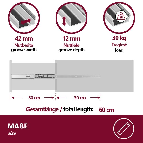 HOOZ&reg; Schubladenschienen 250 mm [VOLLAUSZUG - KUGELLAGER] &ndash; Teleskopschiene, Auszugsschienen f&uuml;r K&uuml;chenschr&auml;nke &amp; M&ouml;bel &ndash; bis 30 kg 1 Paar