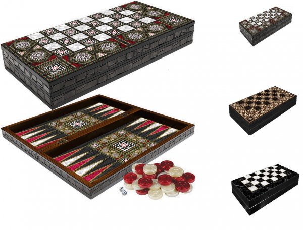Backgammon und Dame 2 in 1 Spielbrett Holz Stein und Holz Optik Hochglanz Brettspiel Tavla drei Gr&ouml;&szlig;en Klein 28cm Orientalisch