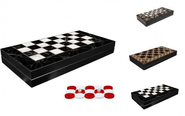 Backgammon und Dame 2 in 1 Spielbrett Holz Stein und Holz Optik Hochglanz Brettspiel Tavla drei Gr&ouml;&szlig;en Gro&szlig; 48 cm Marmor Optik