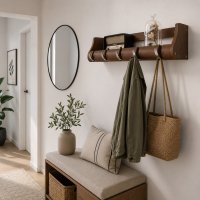 Garderobenleiste 63cm Massiv Bambus farbe in Espresso - FSC Zertifikat - 5 Metall Kipphaken