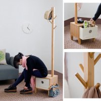 Bambus Garderobenst&auml;nder moderner Kleiderst&auml;nder Holz &ndash; inkl. Stoffschubkasten &amp; 8 Haken