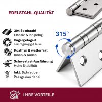 HOOZ&reg; Edelstahl Scharniere 125mm Schwerlast Kugelgelagert 304 Edelstahl T&uuml;rscharnier T&uuml;rband 315&deg;