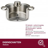 Universaltopf Kochtopf mit Glasdeckel Suppentopf gro&szlig;er Topf Alle Herdarten 4 Gr&ouml;&szlig;en Kapazit&auml;t 4er Set &Oslash; 22 cm