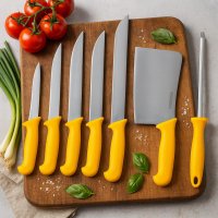 Fleischermesser Set 7-teilig aus Edelstahl mit Hackbeil &amp; Wetzstahl | Profi K&uuml;chenmesser Set mit Fleischmesser, Stechmesser &amp; Ausbeinmesser f&uuml;r Fleisch, Fisch &amp; Gefl&uuml;gel