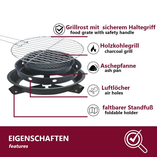 HOOZ Camping portabler Holzkohlegrill, Koffergrill Klappgrill ideal f&uuml;r Picknick BBQ und Schaschlik, Tragbarer Mini Faltgrill f&uuml;r spontane Grillabenteuer (&Oslash; 32 cm)