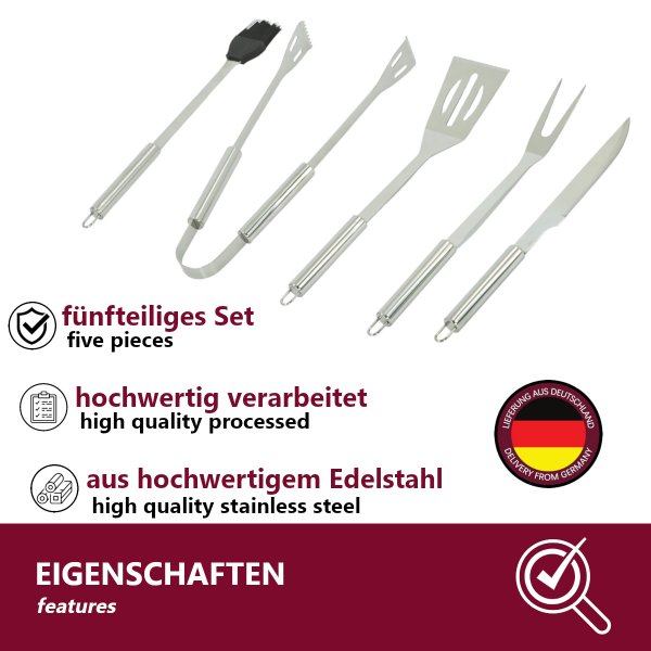 HOOZ 5x Grillbesteck Set Edelstahl, Grill Zubeh&ouml;r f&uuml;r Barbecue,  Grillkoffer mit Grillwender, Fleischgabel, Marinadepinsel, Grillzange und Grillmesser, Grill Werkzeuge Kit f&uuml;r M&auml;nner Frauen