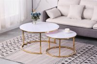 HOOZ Couchitsch 2er Set Rund, Beistelltisch Metall, Wohnzimmer Tisch f&uuml;r Couch und Sofatisch, Nachttisch f&uuml;r Dekoration (80x80x45 cm und&nbsp;60x60x41&nbsp;cm) Gold wei&szlig;