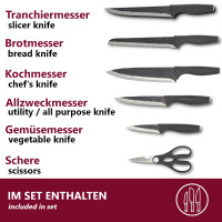 HOOZ Messerset 7-teilig mit Messerblock - K&uuml;chenmesser Set mit Block in schwarz - 5 Scharfe Messer &amp; K&uuml;chenschere - Perfekt f&uuml;r die erste Wohnung - Kochmesser f&uuml;r Fleisch Fisch Gem&uuml;se Obst