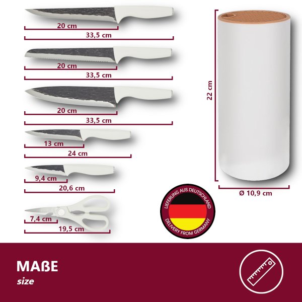 HOOZ Messerset 7-teilig mit Messerblock - K&uuml;chenmesser Set mit Block in wei&szlig; - 5 Scharfe Messer &amp; K&uuml;chenschere - Perfekt f&uuml;r die erste Wohnung - Kochmesser f&uuml;r Fleisch Fisch Gem&uuml;se Obst