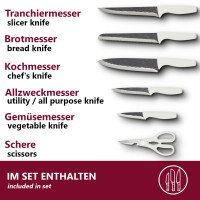 HOOZ Messerset 7-teilig mit Messerblock - K&uuml;chenmesser Set mit Block in wei&szlig; - 5 Scharfe Messer &amp; K&uuml;chenschere - Perfekt f&uuml;r die erste Wohnung - Kochmesser f&uuml;r Fleisch Fisch Gem&uuml;se Obst