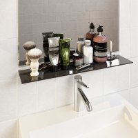 Glasboden 90 cm Glasplatte f&uuml;r Glasregal Glasscheibe Regalhalter Bad Glas Regal schwarz Glas mit Halterung