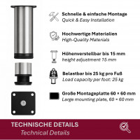 M&ouml;belf&uuml;&szlig;e 80-200 mm 4er Set [H&Ouml;HENVERSTELLBAR] M&ouml;belbeine aus Edelstahl Schrankf&uuml;&szlig;e Verstellbar Geb&uuml;rstet Silber