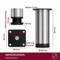 M&ouml;belf&uuml;&szlig;e 80-200 mm 4er Set [H&Ouml;HENVERSTELLBAR] M&ouml;belbeine aus Edelstahl Schrankf&uuml;&szlig;e Verstellbar Geb&uuml;rstet Silber