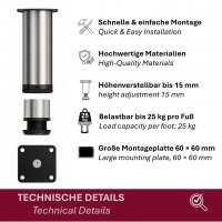 M&ouml;belf&uuml;&szlig;e 150 mm 4er Set [H&Ouml;HENVERSTELLBAR] M&ouml;belbeine aus Edelstahl Schrankf&uuml;&szlig;e Verstellbar Geb&uuml;rstet Silber