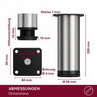 M&ouml;belf&uuml;&szlig;e 200 mm 4er Set [H&Ouml;HENVERSTELLBAR] M&ouml;belbeine aus Edelstahl Schrankf&uuml;&szlig;e Verstellbar Geb&uuml;rstet Silber