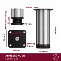 M&ouml;belf&uuml;&szlig;e 80 mm 4er Set [H&Ouml;HENVERSTELLBAR] M&ouml;belbeine aus Edelstahl Schrankf&uuml;&szlig;e Verstellbar Geb&uuml;rstet Silber